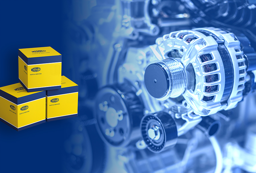 Lichtmaschine und blau-gelbe Kästen Magneti Marelli Parts & Services