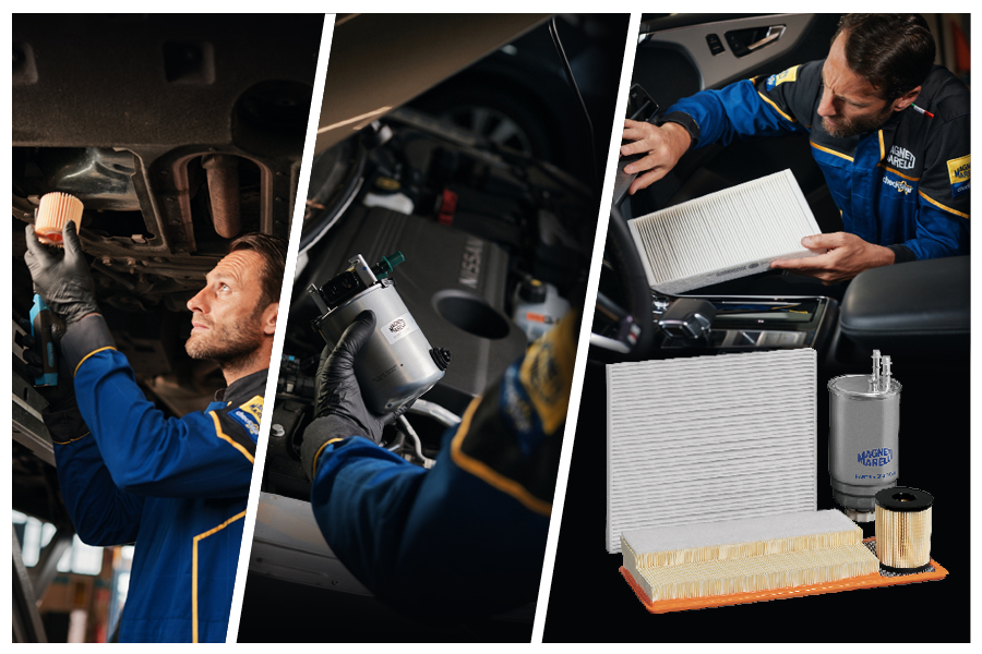 Ein Mechaniker von Magneti Marelli Checkstar wendet Autofilter an: Motoröl, Dieselkraftstofffilter und Innenraumfilter. Hervorhebung des gesamten Spektrums der Magneti Marelli Parts & Services Filter.