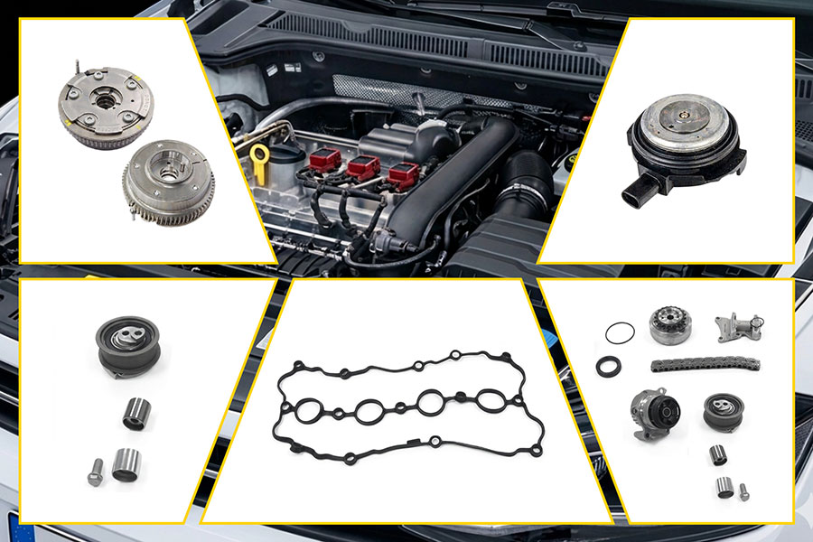 Motorraum mit Steuerketten-Kit, Super-Kit, VVT-Phasenversteller und OCV-Ventil von Magneti Marelli Parts & Services.